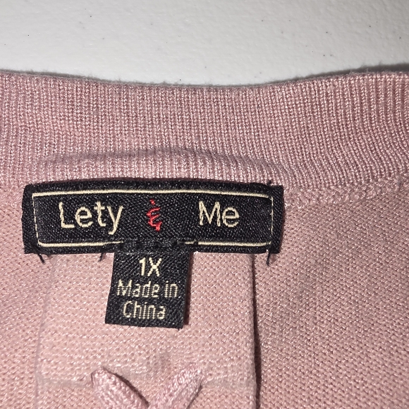 Lety and Me Pink Mauve Open front Cardigan Sweater W/X Stitch Detail Knot Sleeve - Picture 4 of 6